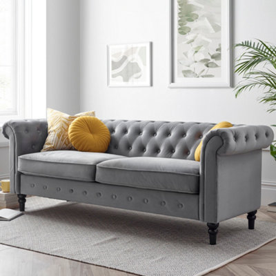 Chesterfield Grey Velvet 3 Seater Sofa