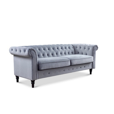 Chesterfield Grey Velvet 3 Seater Sofa