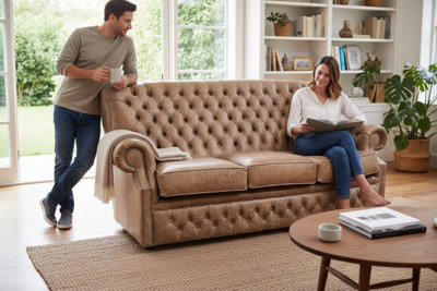 Chesterfield Handmade 3 Seater Sofa Cracked Wax Tan Leather In Monks Style