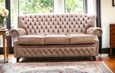 Chesterfield Handmade 3 Seater Sofa Cracked Wax Tan Leather In Monks Style