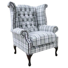 Chesterfield High Back Armchair Piazza Grey Check Fabric In Queen Anne Style