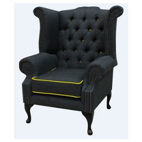 Chesterfield High Back Chair Charles Charcoal Yellow Trim Linen Fabric In Queen Anne Style
