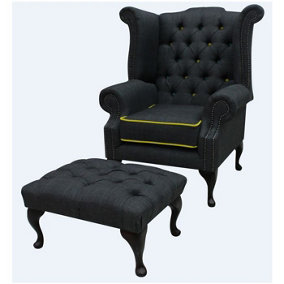 Chesterfield High Back Chair + Footstool Charles Charcoal Yellow Trim Linen Fabric In Queen Anne Style