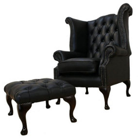 Chesterfield High Back Chair + Footstool Shelly Black Leather In Queen Anne Style