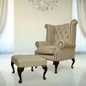 Chesterfield High Back Chair + Footstool Shelly Ivory Leather In Queen Anne Style