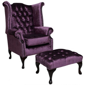 Chesterfield High Back chair + Footstool Shimmer Grape Velvet In Queen Anne Style