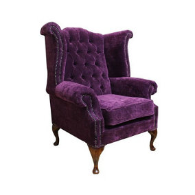 Chesterfield High Back Wing Chair Amethyst Purple Velvet Fabric In Queen Anne Style