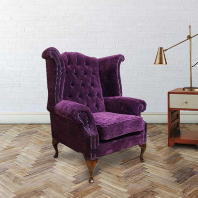 Chesterfield High Back Wing Chair Amethyst Purple Velvet Fabric In