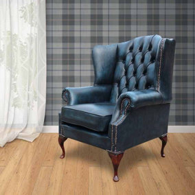 Chesterfield High Back Wing Chair Antique Blue Real Leather Bespoke In Mallory Style