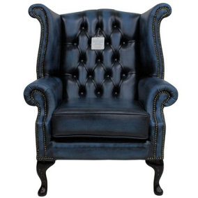 Chesterfield High Back Wing Chair Antique Blue Real Leather In Queen Anne Style