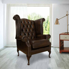 Chesterfield High Back Wing Chair Antique Brown Real Leather In Queen Anne Style