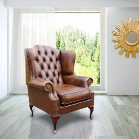 Chesterfield High Back Wing Chair Antique Tan Real Leather Bespoke In Mallory Style