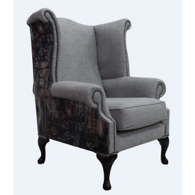 Chesterfield High Back Wing Chair Aztec Hessian Biscuit Fabric In Queen Anne Style