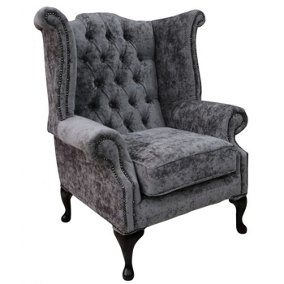 Chesterfield High Back Wing Chair Belvedere Pewter Grey Fabric In Queen Anne Style