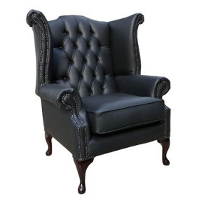 Chesterfield High Back Wing Chair Bonded Black Real Leather In Queen Anne Style