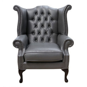 Chesterfield High Back Wing Chair Bonded Grey Leather Bespoke In Queen Anne Style