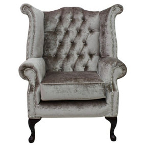 Chesterfield High Back Wing Chair Boutique Beige Velvet Bespoke In Queen Anne Style