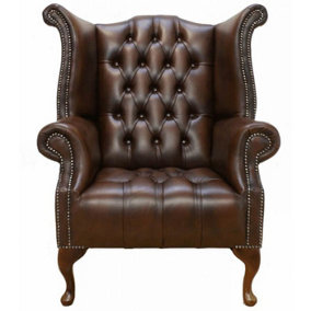 Chesterfield High Back Wing Chair Buttoned Seat Antique Brown Leather In Queen Anne Style