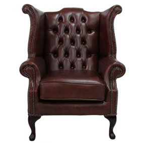 Chesterfield High Back Wing Chair Byron Conker Leather In Queen Anne Style