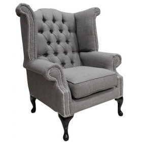 Chesterfield High Back Wing Chair Charles Slate Real Linen Fabric In Queen Anne Style