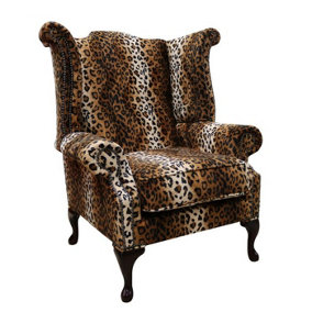 Chesterfield High Back Wing Chair Cheetah Animal Print Real Fabric In Queen Anne Style