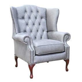 Chesterfield High Back Wing Chair Cracked Wax Ash Grey Leather In Mallory Style