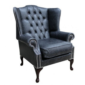 Chesterfield High Back Wing Chair Cracked Wax Black Real Leather In Mallory Style