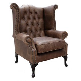 Chesterfield High Back Wing Chair Cracked Wax T Brown Leather In Queen Anne Style
