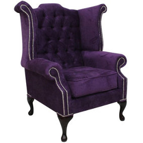 Chesterfield High Back Wing Chair Dakota Violet Purple Real Velvet In Queen Anne Style