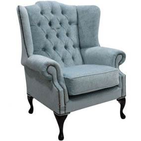 Chesterfield High Back Wing Chair Duck Egg Blue Fabric Bespoke In Mallory Style