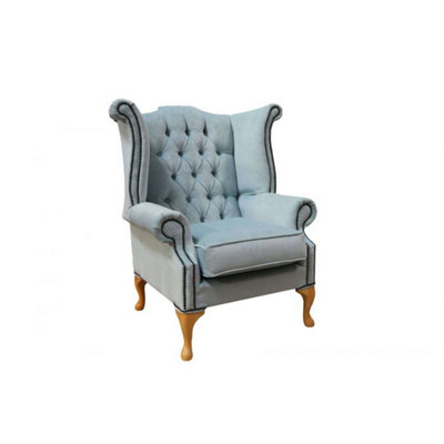 Chesterfield High Back Wing Chair Duck Egg Blue Real Fabric In Queen ...