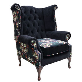 Chesterfield High Back Wing Chair Floral Black Velvet Bespoke In Queen Anne Style