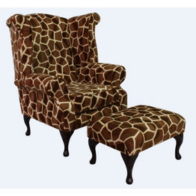 Chesterfield High Back Wing Chair + Footstool Animal Print Big Giraffe Fabric In Queen Anne Style