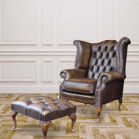 Chesterfield High Back Wing Chair + Footstool Antique Gold Leather In Queen Anne Style