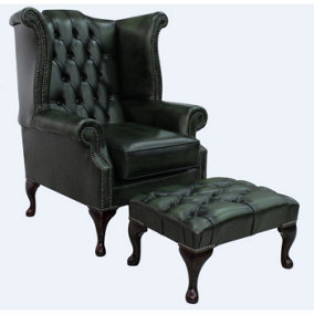 Chesterfield High Back Wing Chair + Footstool Antique Green Leather In Queen Anne Style