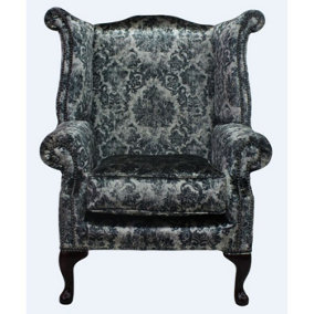 Chesterfield High Back Wing Chair Georgette Silver Velvet Bespoke In Queen Anne Style
