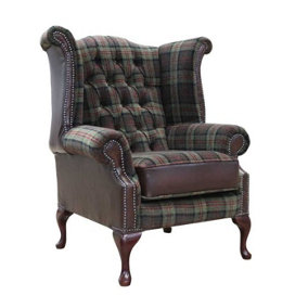 Chesterfield High Back Wing Chair Lana Moss Antique Brown Leather In Queen Anne Style