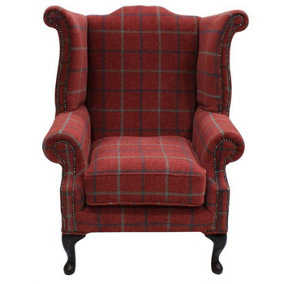 Chesterfield High Back Wing Chair Lana Square Check Terracotta Real Fabric In Queen Anne Style