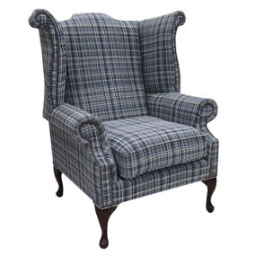 Chesterfield High Back Wing Chair Lomond Blue Fabric In Queen Anne Style