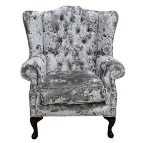 Chesterfield High Back Wing Chair Lustro Argent Velvet Fabric Bespoke In Mallory Style