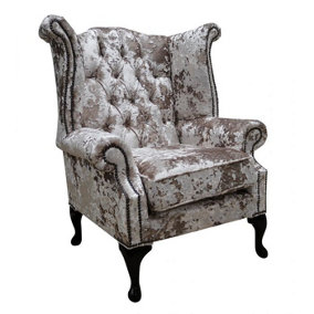Chesterfield High Back Wing Chair Lustro Charm Velvet Fabric In Queen Anne Style