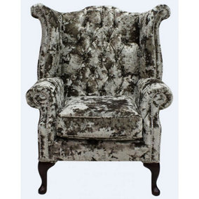 Chesterfield High Back Wing Chair Lustro Liqueur Velvet Fabric In Queen Anne Style