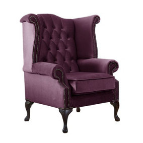 Chesterfield High Back Wing Chair Malta Boysenberry Purple Velvet Fabric In Queen Anne Style