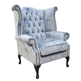 Chesterfield High Back Wing Chair Marble Effect Velvet Fabric In Queen Anne Style