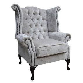 Chesterfield High Back Wing Chair Modena Hessian Velvet Fabric In Queen Anne Style