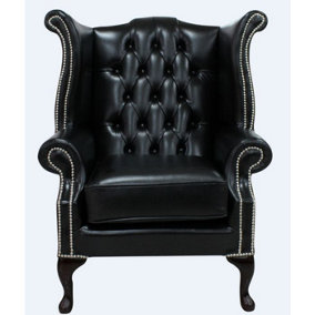 Chesterfield High Back Wing Chair Old English Black Leather Bespoke In Queen Anne Style