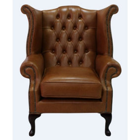 Chesterfield High Back Wing Chair Old English Bruciato Leather Bespoke In Queen Anne Style