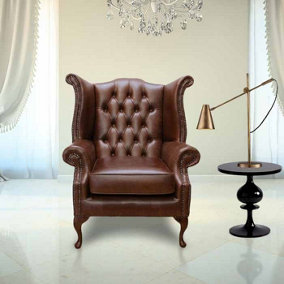 Chesterfield High Back Wing Chair Old English Hazel Leather In Queen Anne Style