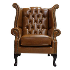 Chesterfield High Back Wing Chair Old English Saddle Leather In Queen Anne Style