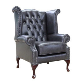 Chesterfield High Back Wing Chair Old English Storm Leather In Queen Anne Style